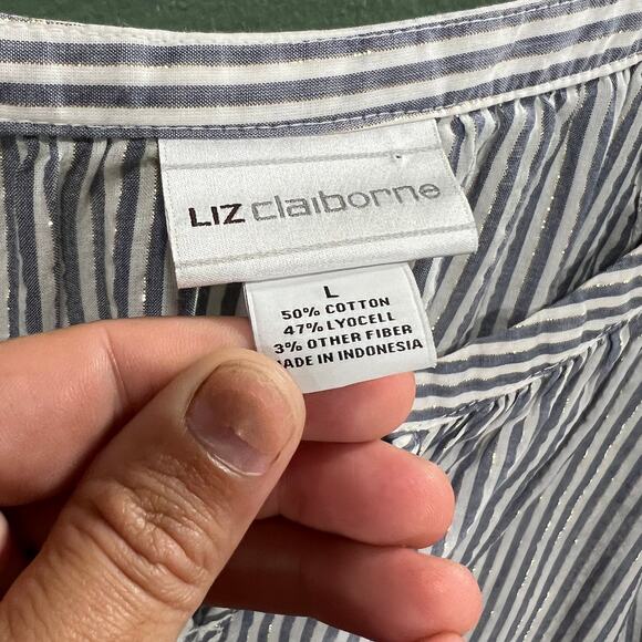 Liz Claiborne Navy White Striped Metallic Thread Tunic Top Size L Peasant Blouse - Picture 4 of 9